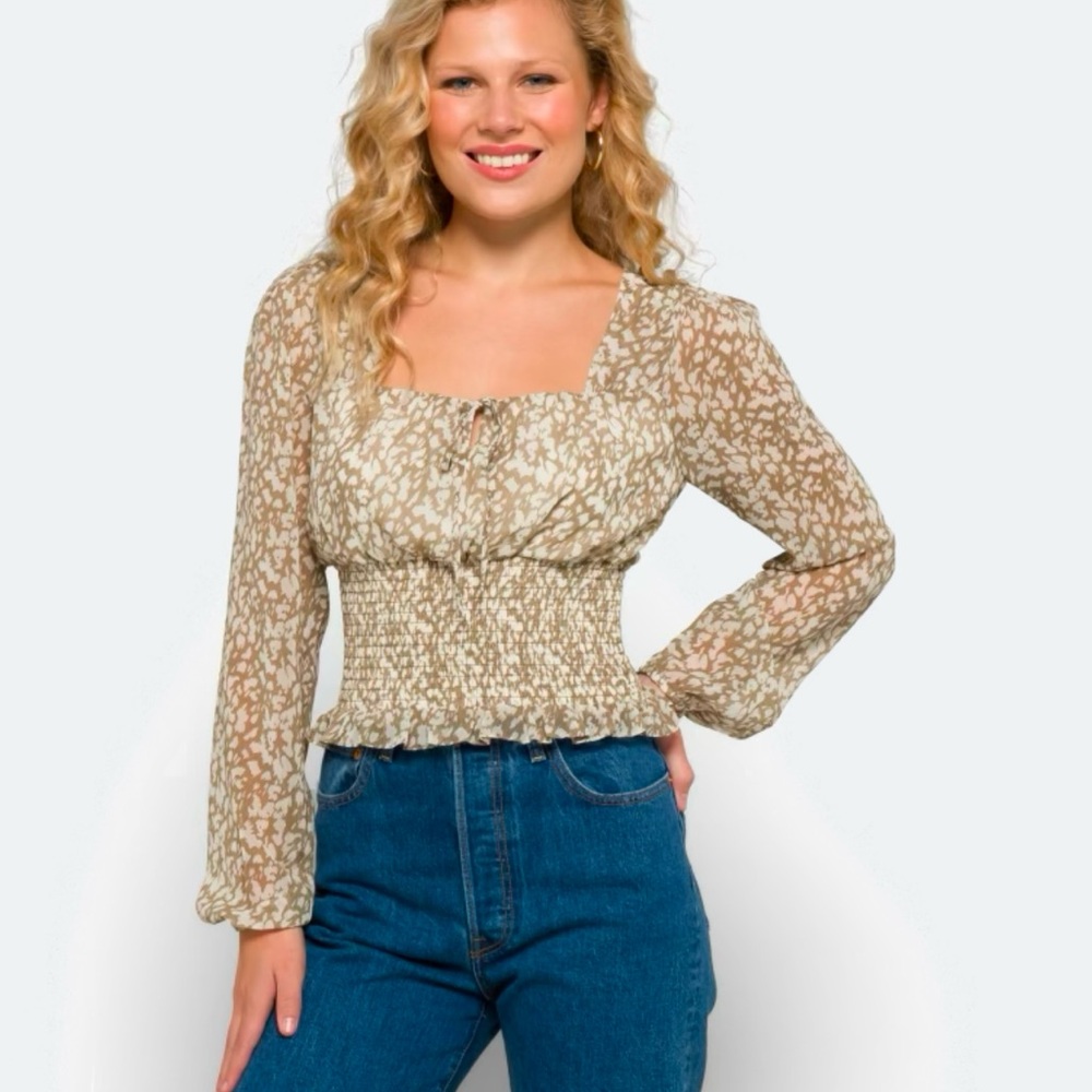 Nine Britton Tan Smocked Long Sleeve Blouse